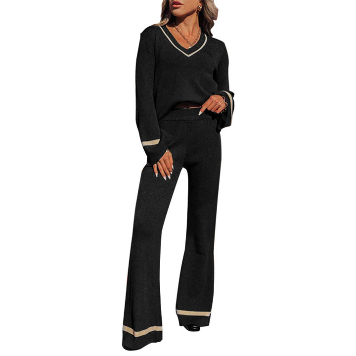 Women's Knit Relax Set with V-Neck and Wide Palazzo Pants Legs, Contrasting Cuffs Mune Fashion