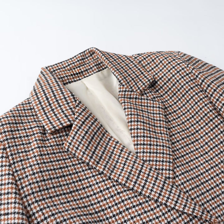 Women's Cropped Blazer in Houndstooth Pattern with Double-Breasted Button Placket Mune Fashion