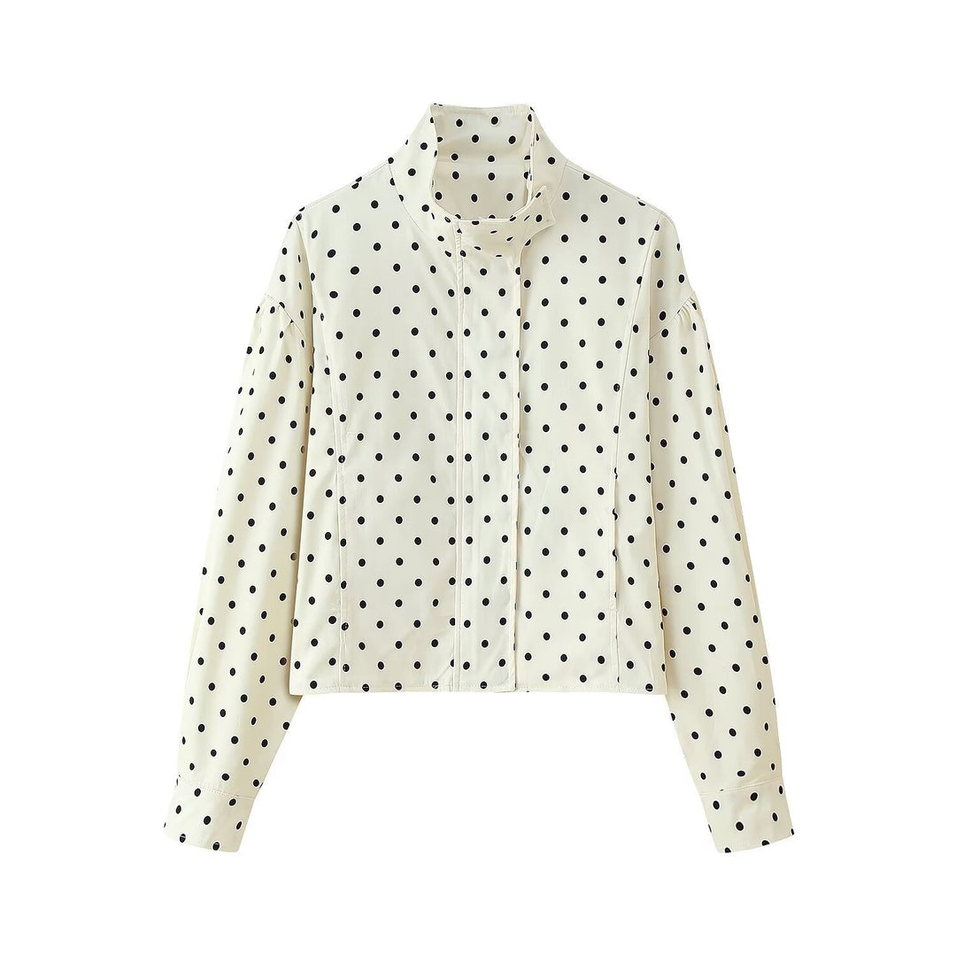 Women Polka Dot Short Jacket with Stand Collar and Concealed Snap Button Placket Mune Fashion
