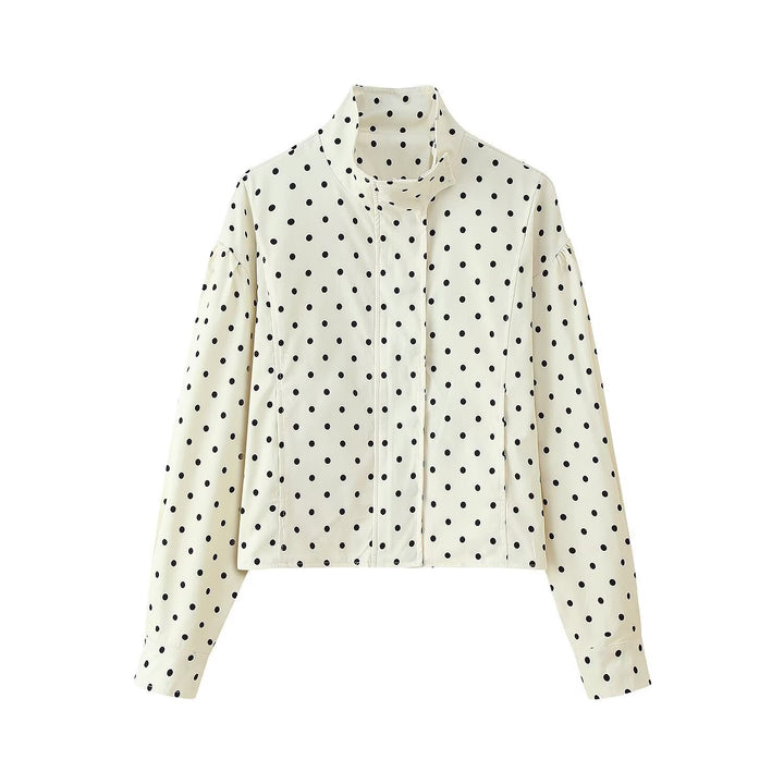 Women Polka Dot Short Jacket with Stand Collar and Concealed Snap Button Placket Mune Fashion