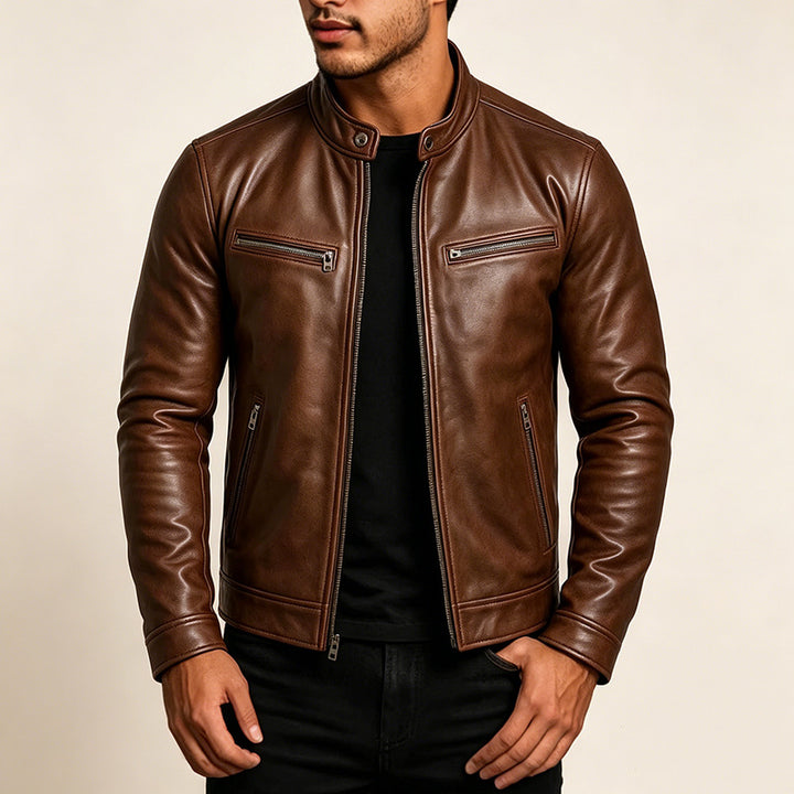 Men's Slim Fit Biker Leather Jacket made of Nappa Leather with Stand Collar and Zipper Mune Fashion