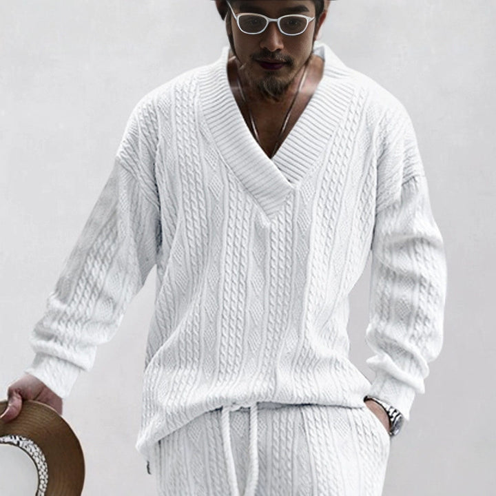 Men's Oversize Cable Knit Long Sweater with Deep V-Neck and Matching Knit Pants Mune Fashion