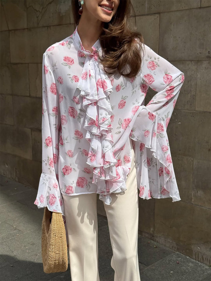 Women's chiffon blouse with rose print, ruffles and bell sleeves Mune Fashion