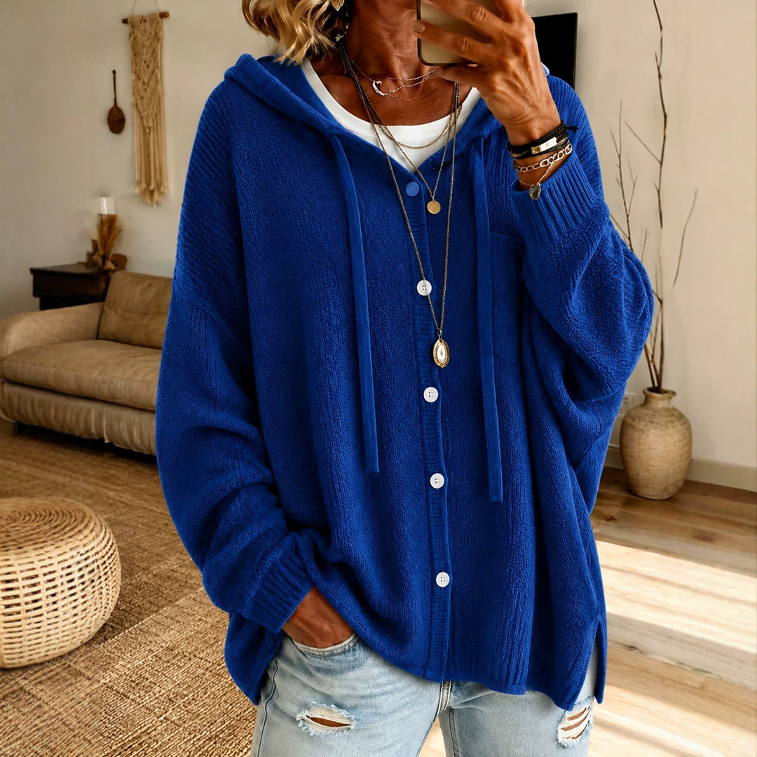 Womens Hooded Cardigan made of textured fine knit with button placket Mune Fashion