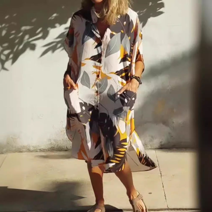 Women's airy-light kaftan shirt dress with dropped shoulder, hidden button placket, and side pockets Mune Fashion