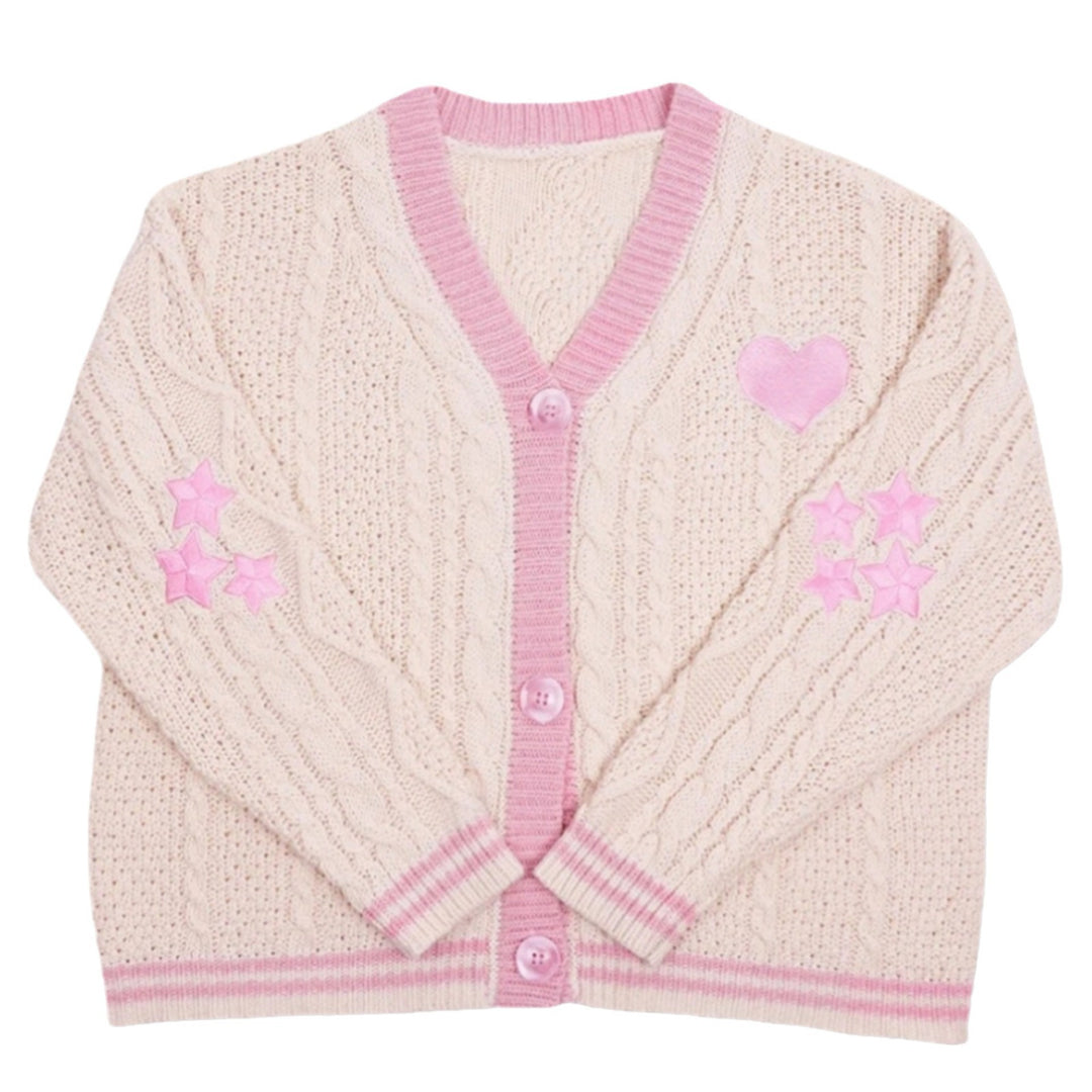 Women knitted cardigan with cable pattern V-neck and heart and star appliqués Mune Fashion