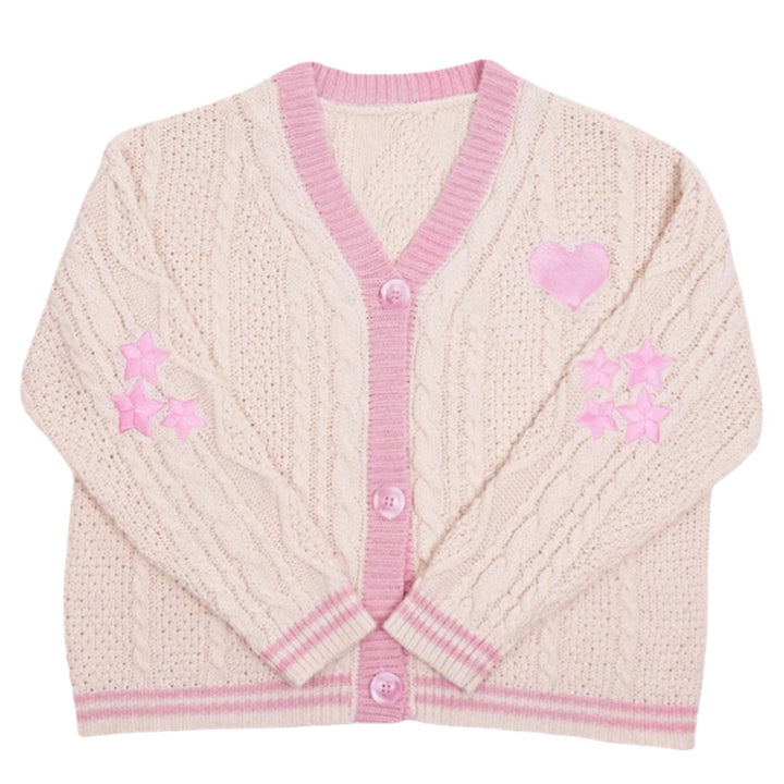 Women knitted cardigan with cable pattern V-neck and heart and star appliqués Mune Fashion