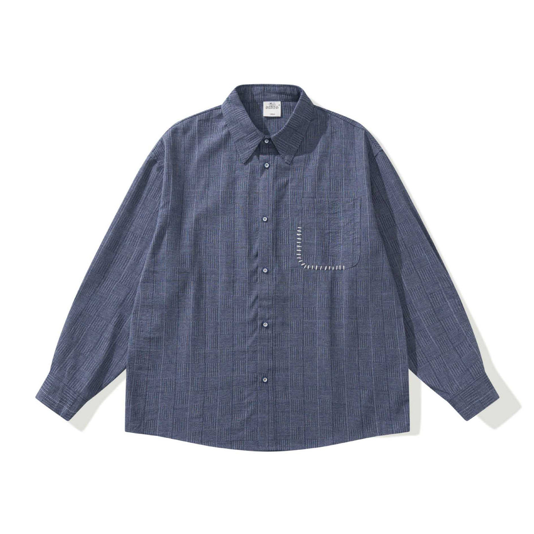 Men's Long Sleeve Oversized Shirt with Textured Check Pattern Look and Decorative Stitch Mune Fashion