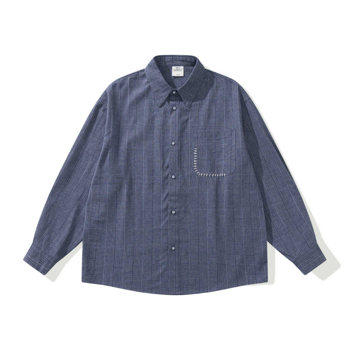 Men's Long Sleeve Oversized Shirt with Textured Check Pattern Look and Decorative Stitch Mune Fashion