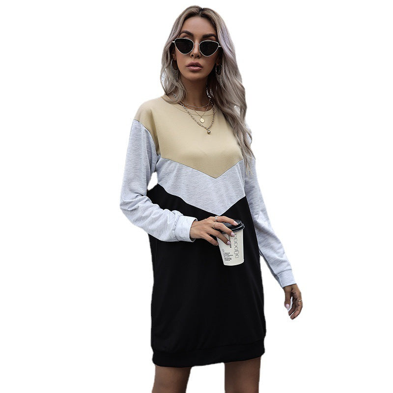 Women's Colorblock Sweatshirt Dress with V-Inset, Long Sleeve and Casual Hem