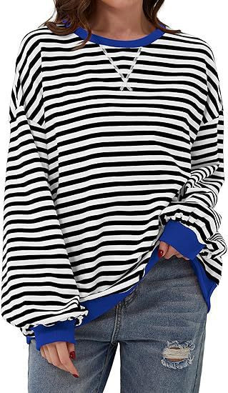 Women Casual Oversized Stripe Sweatshirt with Raglan Sleeves and Contrast Cuffs Drune
