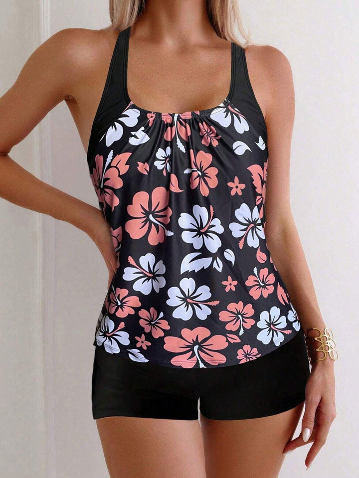 Women's Sporty Tankini Set with Floral Accents Mune Fashion