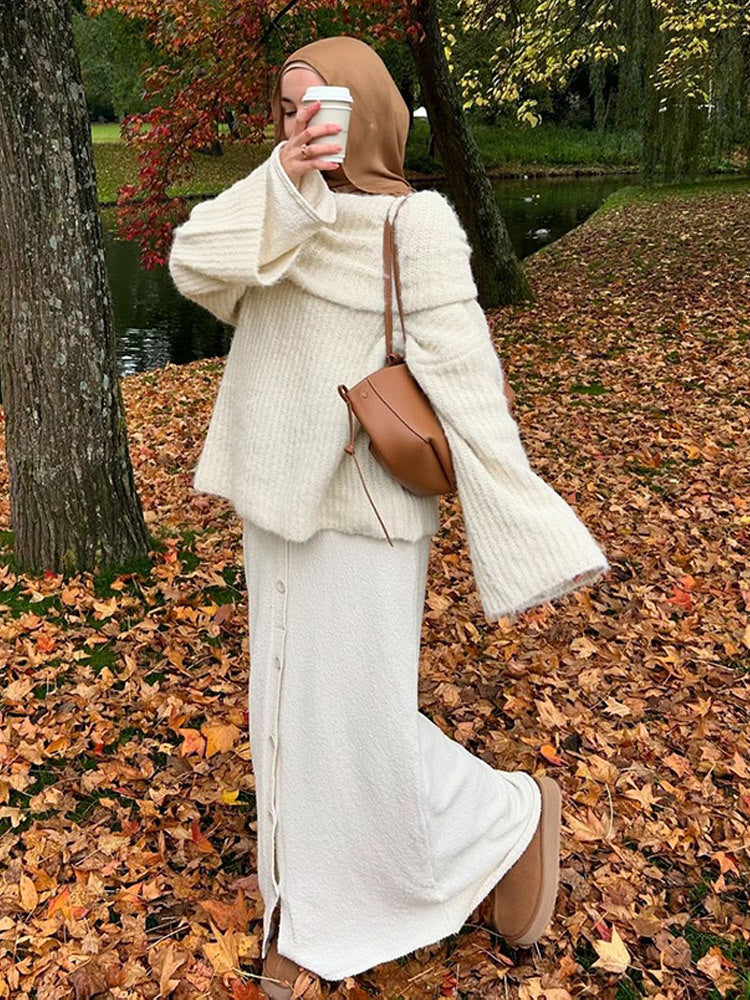 Women's Oversize Off-Shoulder Ribbed Knit Sweater with Wide Bell Sleeves Mune Fashion
