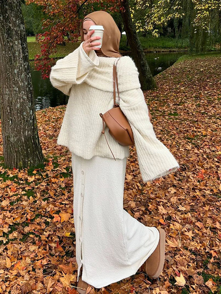 Women's Oversize Off-Shoulder Ribbed Knit Sweater with Wide Bell Sleeves Mune Fashion