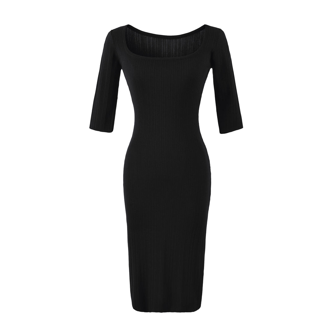 Women's Ribbed Midi Dress with Square Neckline and Three-Quarter Sleeves Mune Fashion