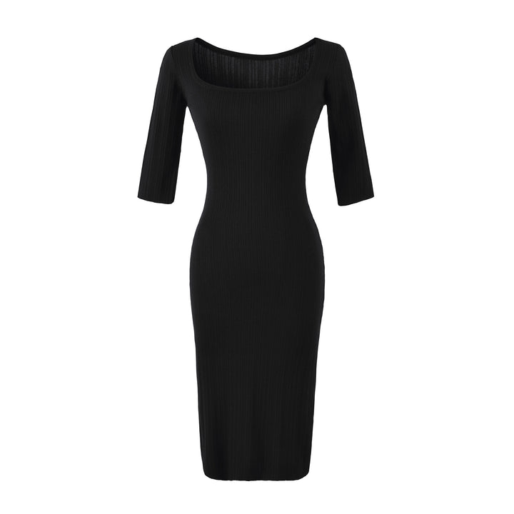 Women's Ribbed Midi Dress with Square Neckline and Three-Quarter Sleeves Mune Fashion