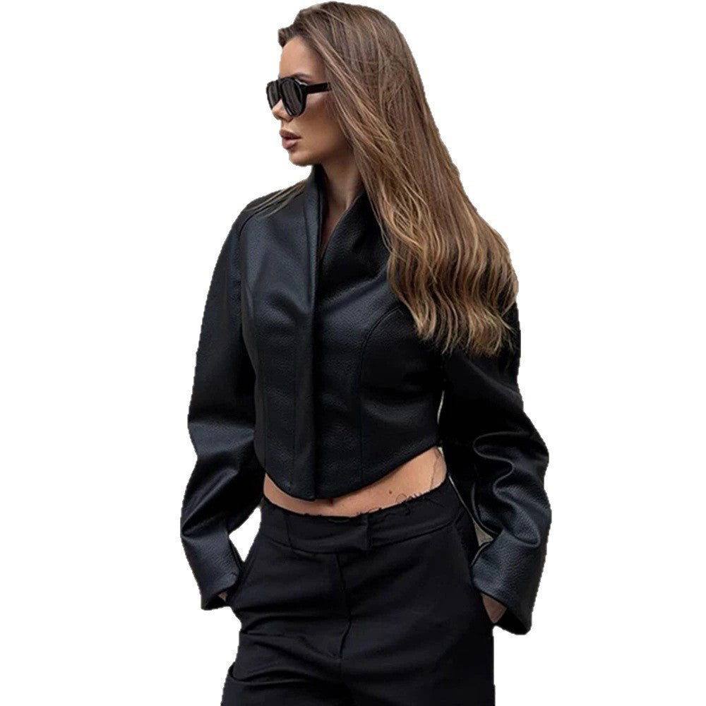 Women's Short Faux Leather Jacket with High Stand-Up Collar and Boxy Silhouette Mune Fashion