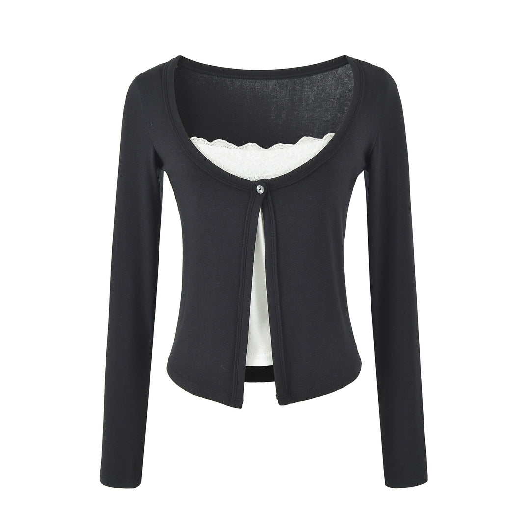 Women's layered cardigan with integrated lace cami and single-button closure Mune Fashion