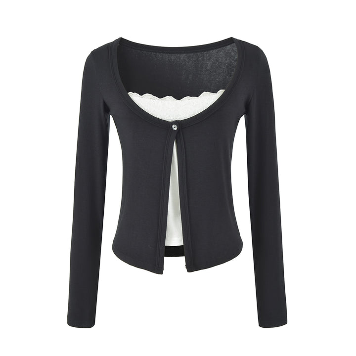 Women's layered cardigan with integrated lace cami and single-button closure Mune Fashion