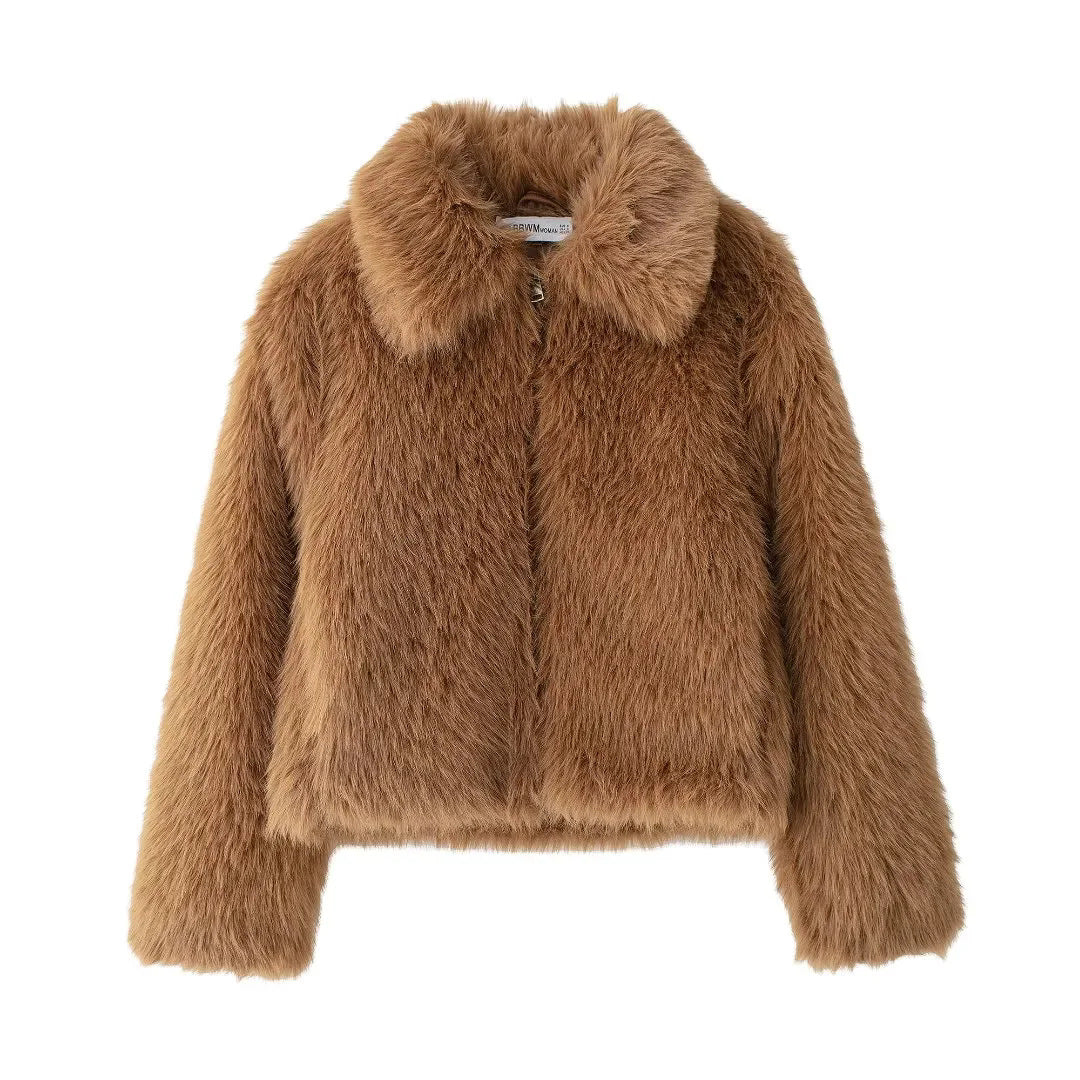 Women's short cozy faux fur jacket with shirt collar and concealed zipper placket Mune Fashion