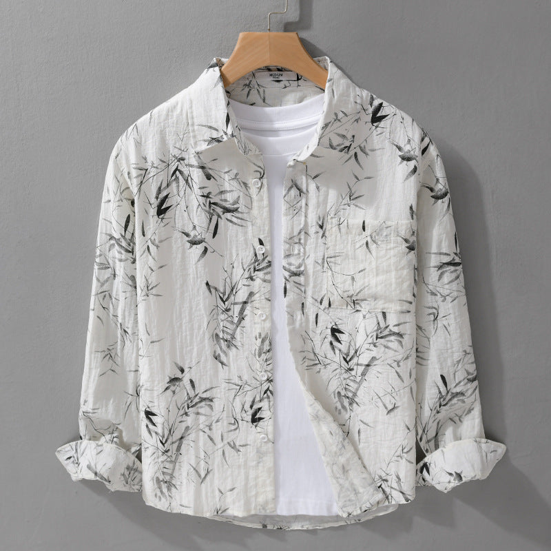 Men's Breathable Linen-Cotton Shirt with Botanical Brush Print and Kent Collar Mune Fashion