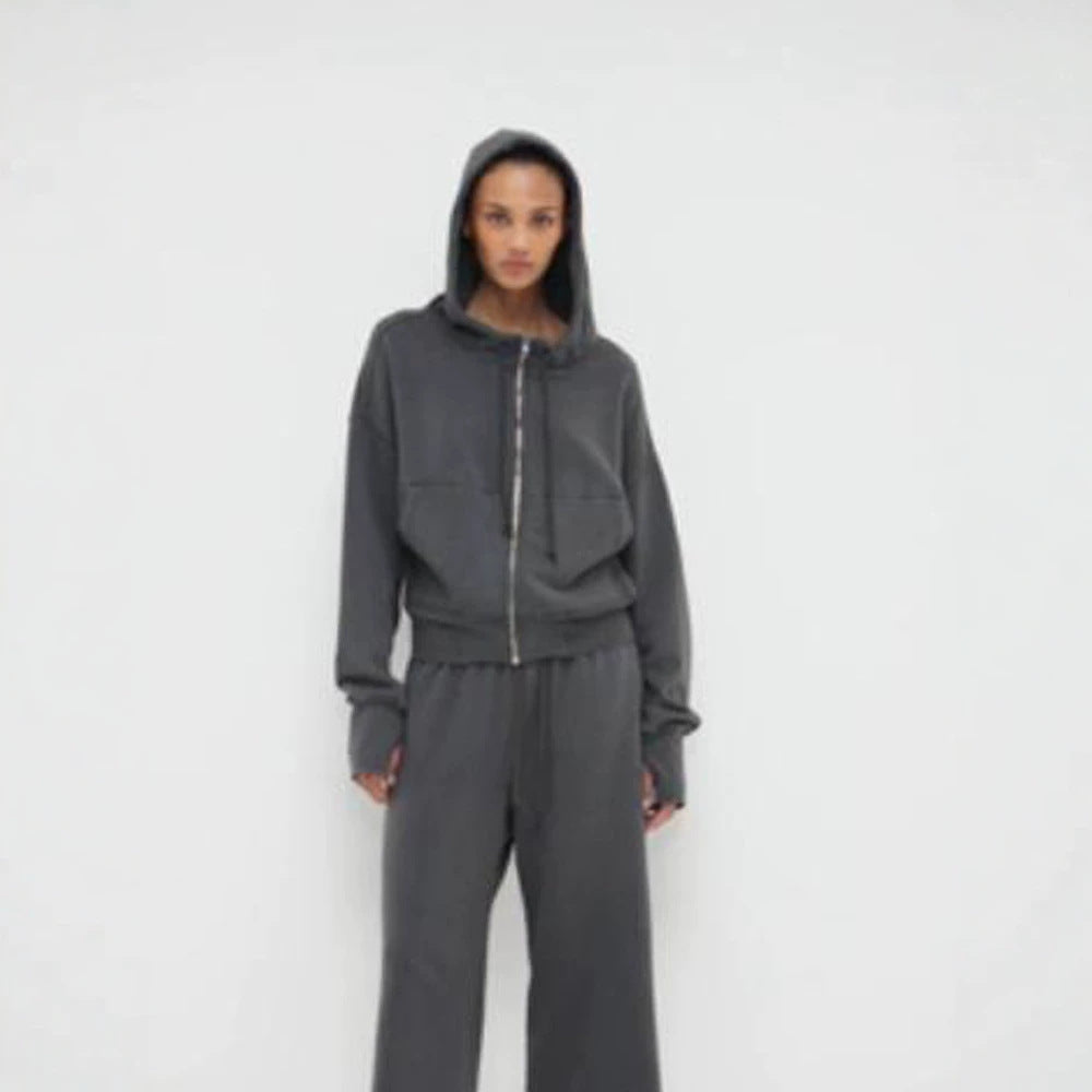 Ladies cropped hoodie sweatshirt with full zip, kangaroo pockets, and extended sleeve cuffs Mune Fashion