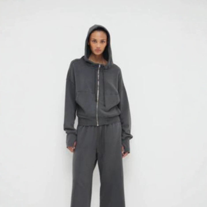 Ladies cropped hoodie sweatshirt with full zip, kangaroo pockets, and extended sleeve cuffs Mune Fashion