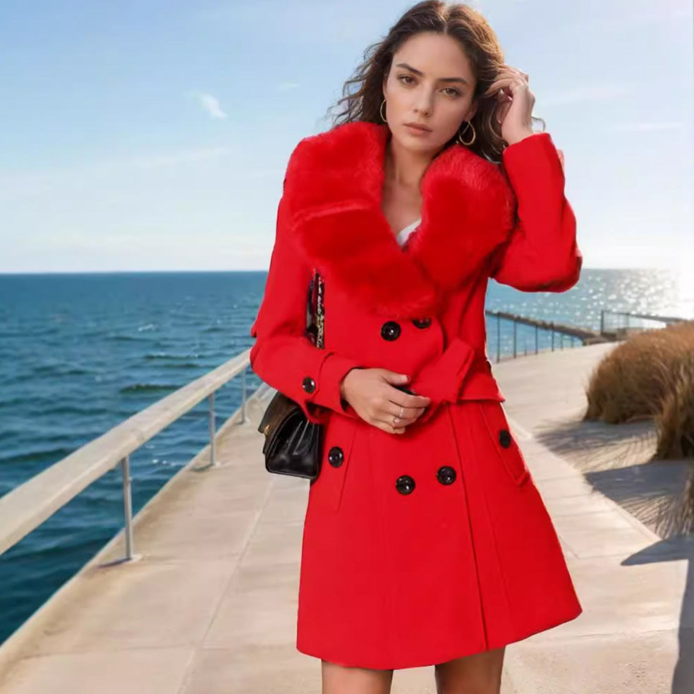 Women Elegant Transitional Coat with Luxurious Faux Fur Collar Mune