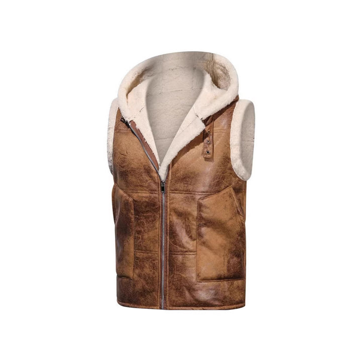 Men's Sleeveless Lambskin Imitation Vest with Hooded Collar and Front Pockets Mune Fashion