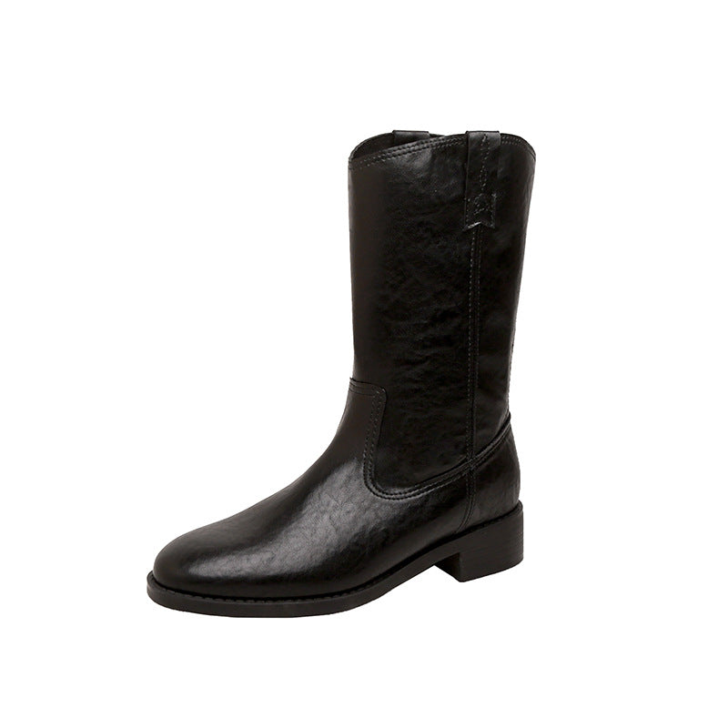 Women's Mid-Calf Western Boots made of Smooth Leather with Low Block Heel Mune Fashion