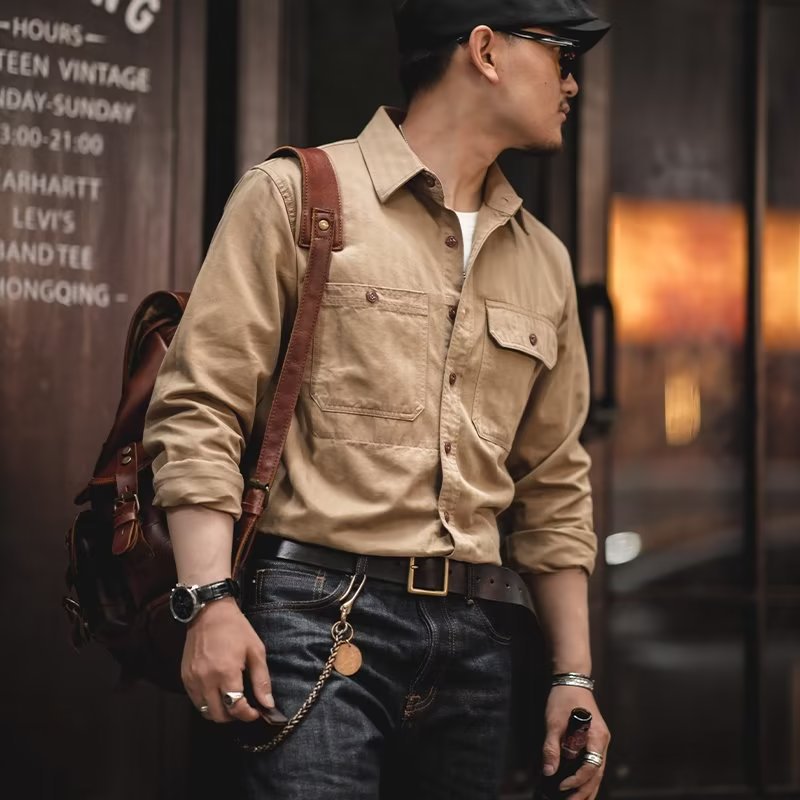 Men's Cotton Twill Worker Shirt with Patch Pockets and Boxy Fit Mune Fashion
