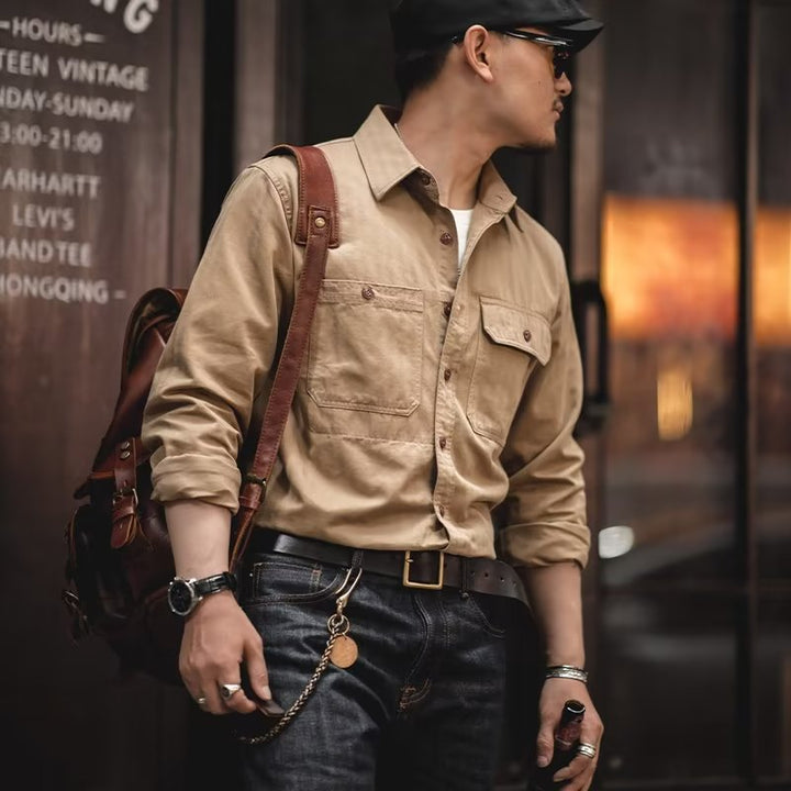 Men's Cotton Twill Worker Shirt with Patch Pockets and Boxy Fit Mune Fashion