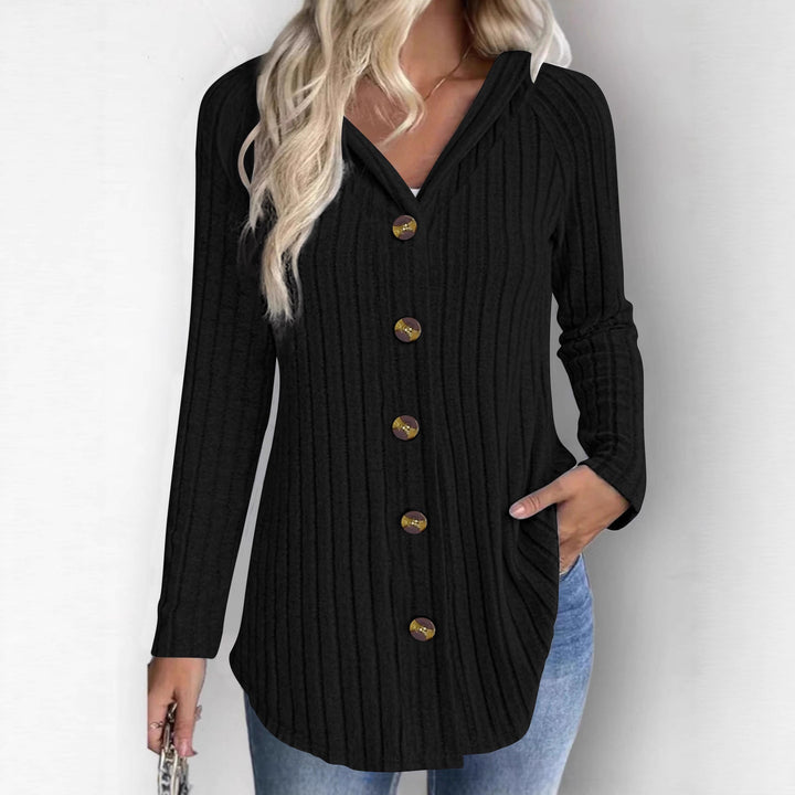 Women's Ribbed Hoodie Cardigan Blouse with Wooden Button Placket and Gathered Sleeves Mune Fashion
