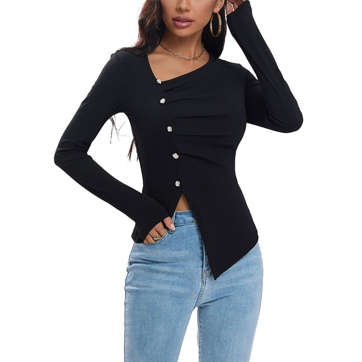 Women's asymmetric ribbed long sleeve with diagonal button placket and pointed hem Mune Fashion