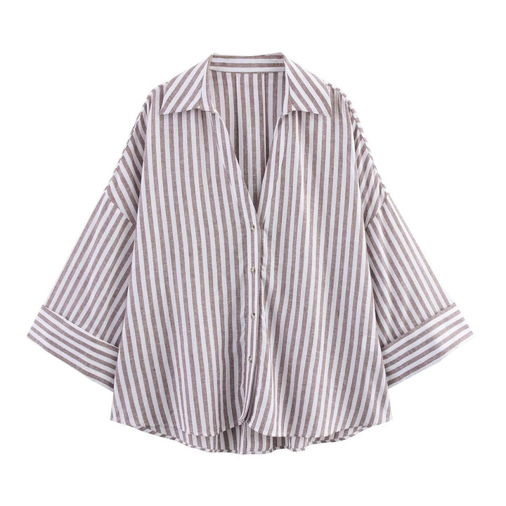 Women Oversize Shirt Blouse with Vertical Stripe Pattern and Extended Back Mune Fashion