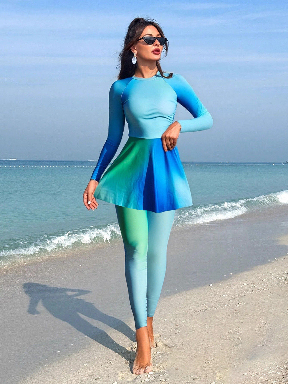 Ladies' Fashion Swimsuit with Long Sleeves and Swinging Skirt Mune Fashion