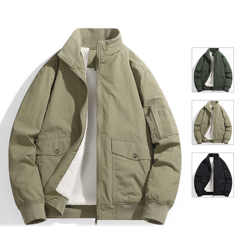 Men's Utility Flight Jacket with Teddy Lining, Stand Collar and Sleeve Pocket Mune Fashion