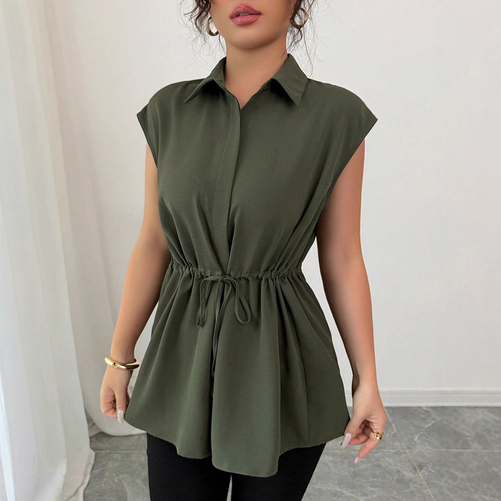 Women's Sleeveless Shirt Blouse Tunic with Drawstring Waistband Mune Fashion