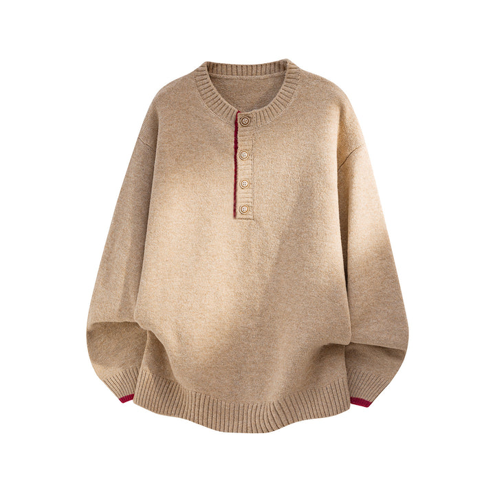Women's Oversized Knit Sweater with Henley Button Placket and Contrasting Cuffs Mune Fashion