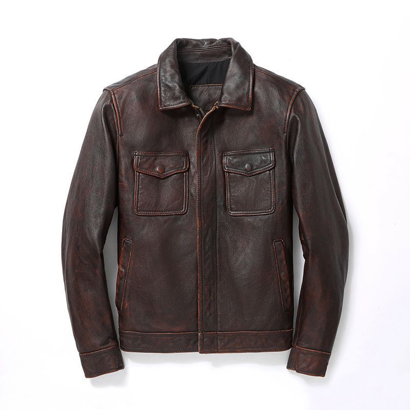 Men's leather jacket in worker style with chest pockets and continuous zipper Mune Fashion
