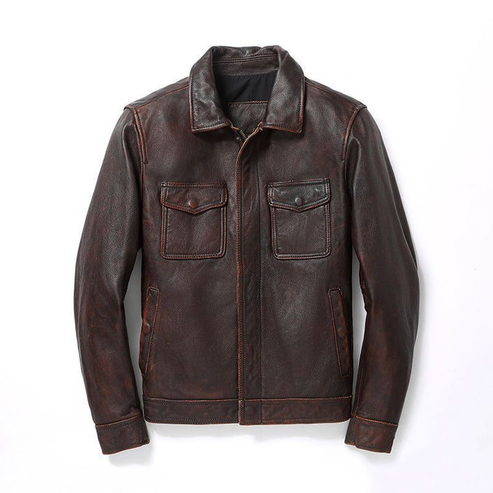 Men's leather jacket in worker style with chest pockets and continuous zipper Mune Fashion