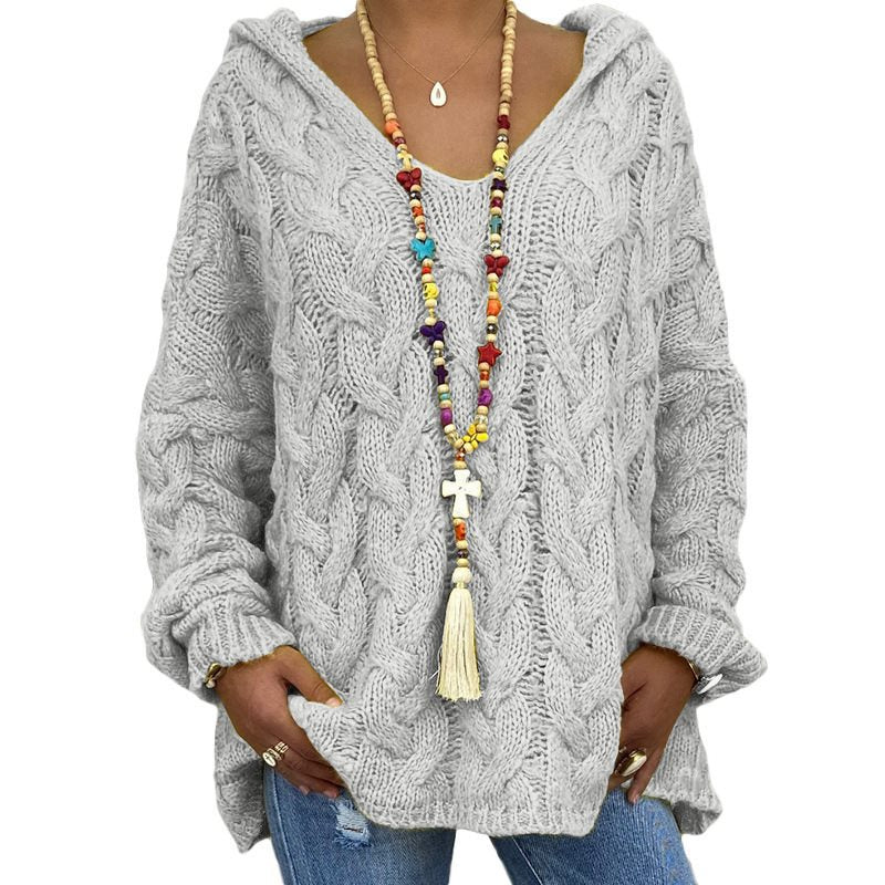 Women Oversized Cable Knit Sweater with Hood and Casual V-Neck Mune Fashion