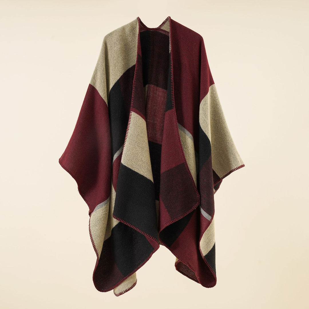 Women's Soft Wool Blend Poncho with Geometric Jacquard and Open Waterfall Cut Mune Fashion