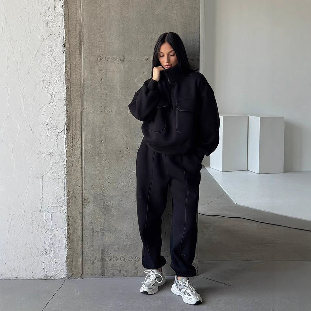 Women's Oversize Half-zip Sweatshirt with Patch Pockets and Contrast Piping Mune Fashion