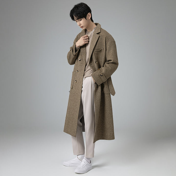 Men's Maxi Length Wool Blend Coat in Tweed Look with Oversized Cut, Double Breasted and Belted Mune Fashion