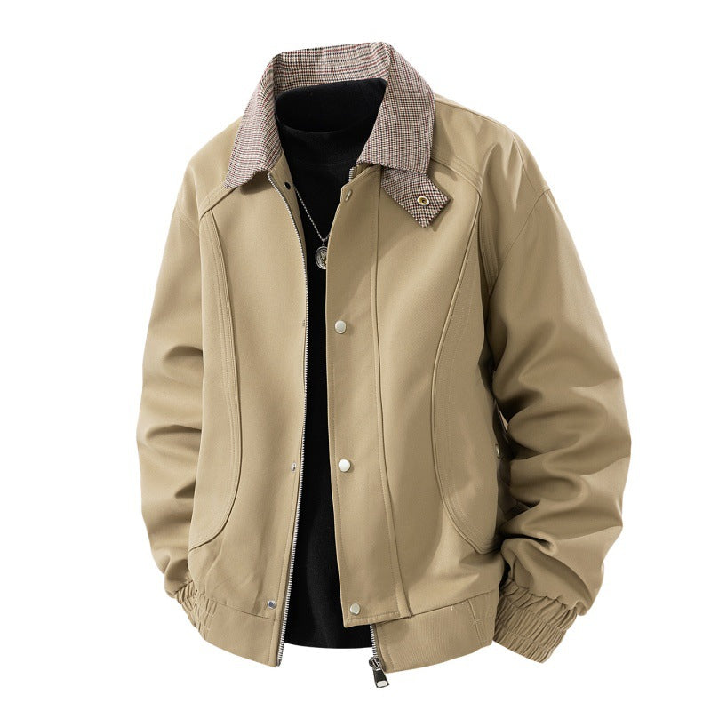 Men's Light Canvas Blouson with Check Collar, Zipper and Snap Button Placket Mune Fashion