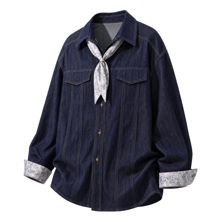 Women's Oversize Shirt Blouse with Floral Cuff Trim and Neck Scarf Mune Fashion