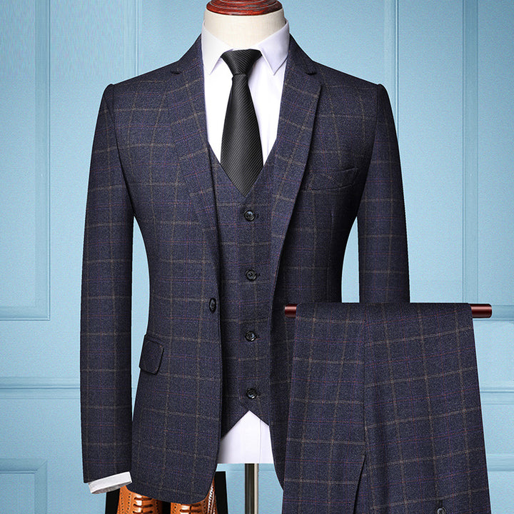 Men's three-piece suit made of wool blend with check pattern and tailored fit Mune Fashion