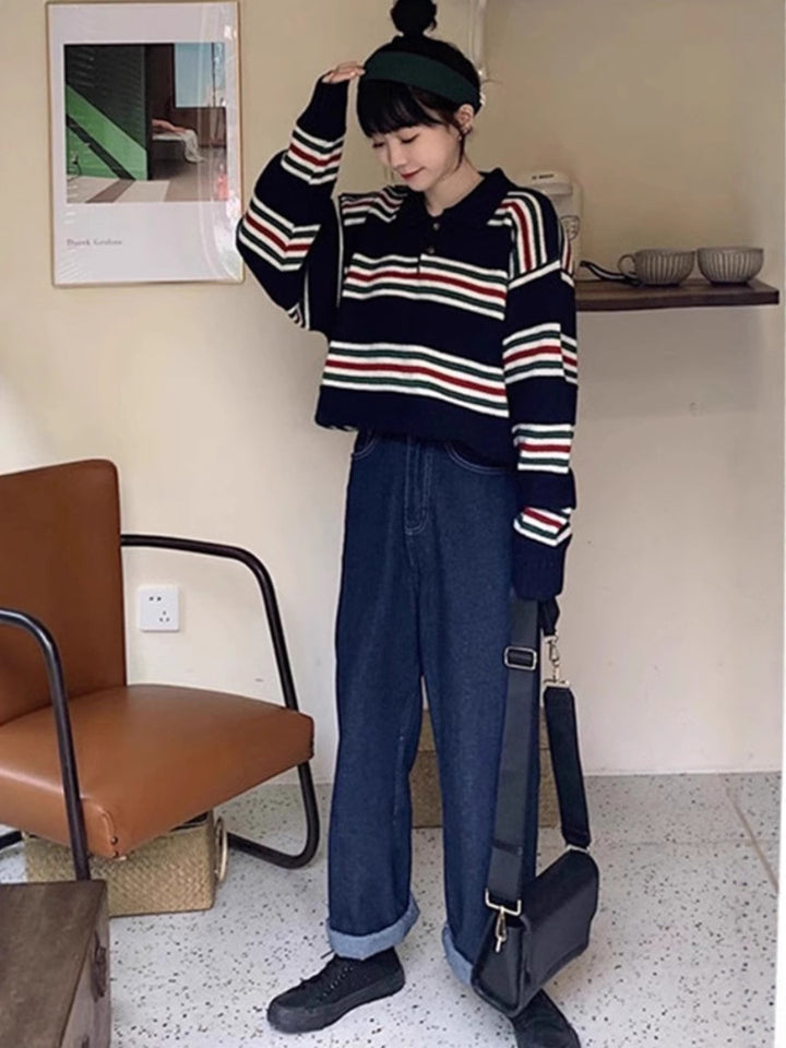 Women's Oversize Polo Collar Knit Sweater with Maritime Block Stripes and Boxy Cropped Silhouette Mune Fashion
