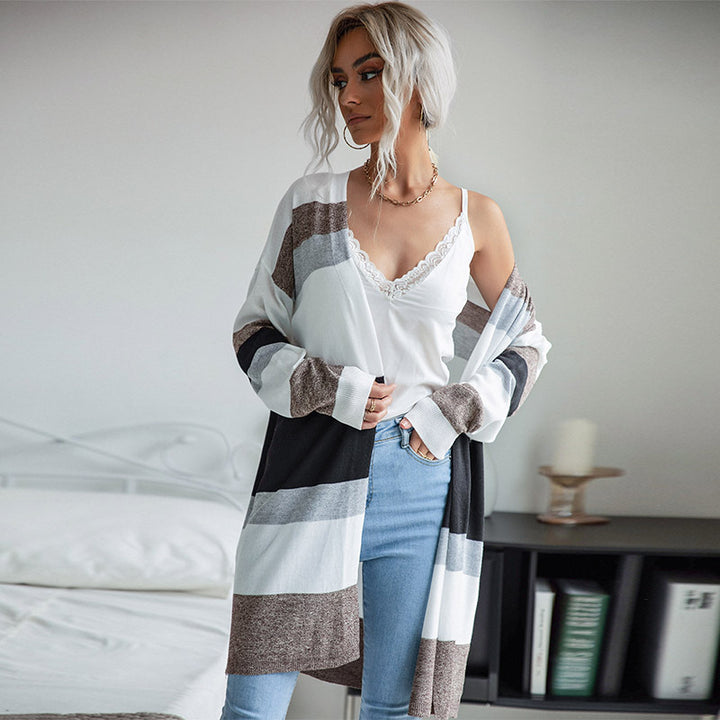 Women Long Open Knit Cardigan with Block Stripes, Light Fall and Pockets Mune Fashion